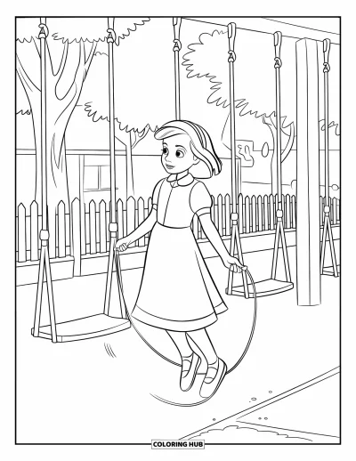 Coloriage d'aire de jeux pour enfants : Une fille en robe saute à la corde près d'une rangée de balançoires et d'arbres