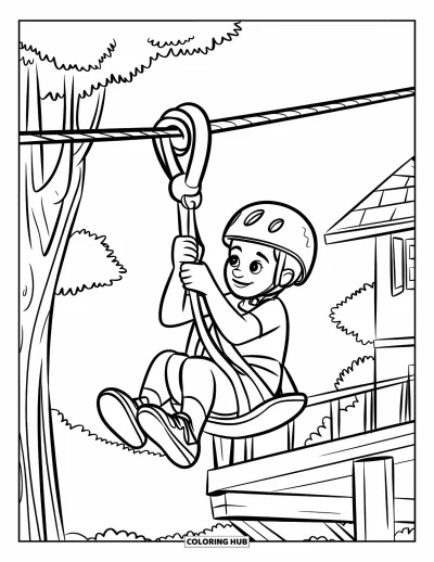 Coloriage d'aire de jeux pour enfants : Un enfant casqué est assis prêt sur une plateforme de tyrolienne près d'arbres et d'un bâtiment
