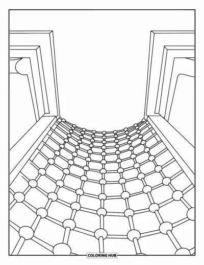 Coloriage d'aire de jeux pour enfants : Un filet d'escalade en hauteur relie deux plateformes, l'une plus haute que l'autre