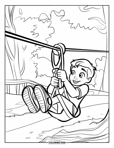 Coloriage d'aire de jeux pour enfants : Un enfant s'accroche à une tyrolienne près d'arbres et d'un petit pont