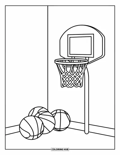 Coloriage d'aire de jeux pour enfants : Un coin d'aire de jeux avec un panier et quelques ballons sous des arbres épars
