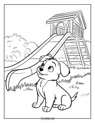 Coloriage d'aire de jeux pour enfants : Un chiot aux grandes oreilles est assis dans l'herbe, les yeux levés vers un grand toboggan