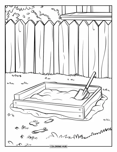 Coloriage d'aire de jeux pour enfants : Un bac à sable avec des outils se trouve près d'une clôture, avec des arbres et un bâtiment derrière