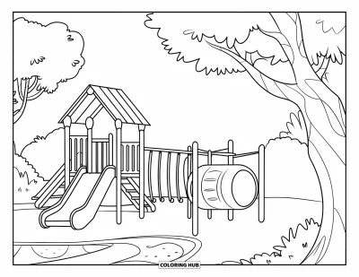 Coloriage d'aire de jeux pour enfants : Un toboggan, un tunnel et des barres de singe se trouvent dans une aire de jeux paisible entourée d'arbres