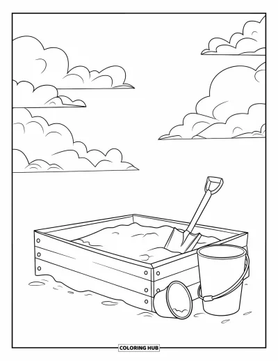 Coloriage d'aire de jeux pour enfants : Un petit bac à sable avec une pelle et un seau se trouve sous un ciel avec des nuages duveteux