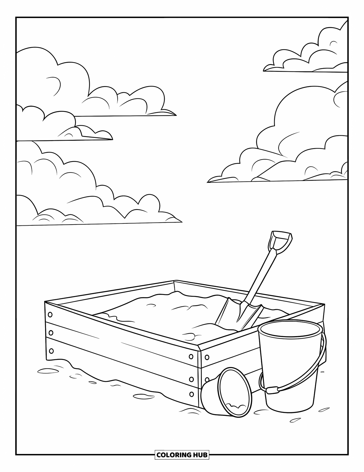 Playground Coloring Page for Kids: A small sandbox with a shovel and bucket sits beneath a sky with fluffy clouds