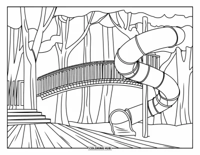 Coloriage d'aire de jeux pour enfants : Un toboggan en spirale et un pont se trouvent entre de grands arbres sur un sol de jeux en bois