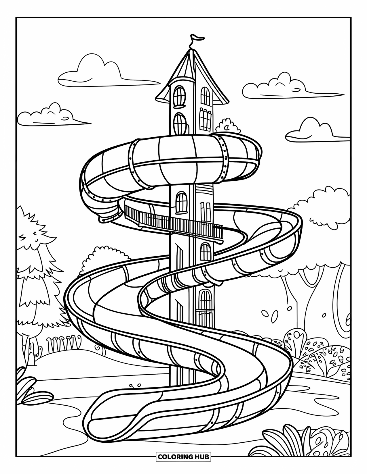 Playground Coloring Page for Kids: A spiral slide circles a tall tower surrounded by trees and drifting clouds