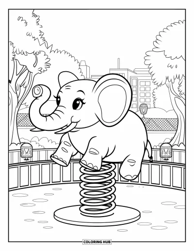 Coloriage d'aire de jeux pour enfants : Un cheval à bascule en forme d'éléphant se tient seul au milieu du parc