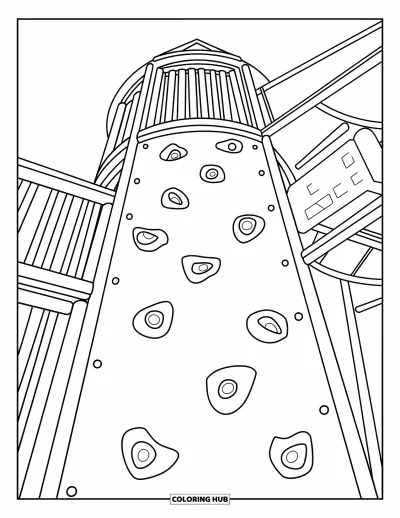 Coloriage d'aire de jeux pour enfants : Une haute tour de jeux est équipée d'un mur d'escalade avec des prises colorées et plusieurs niveaux