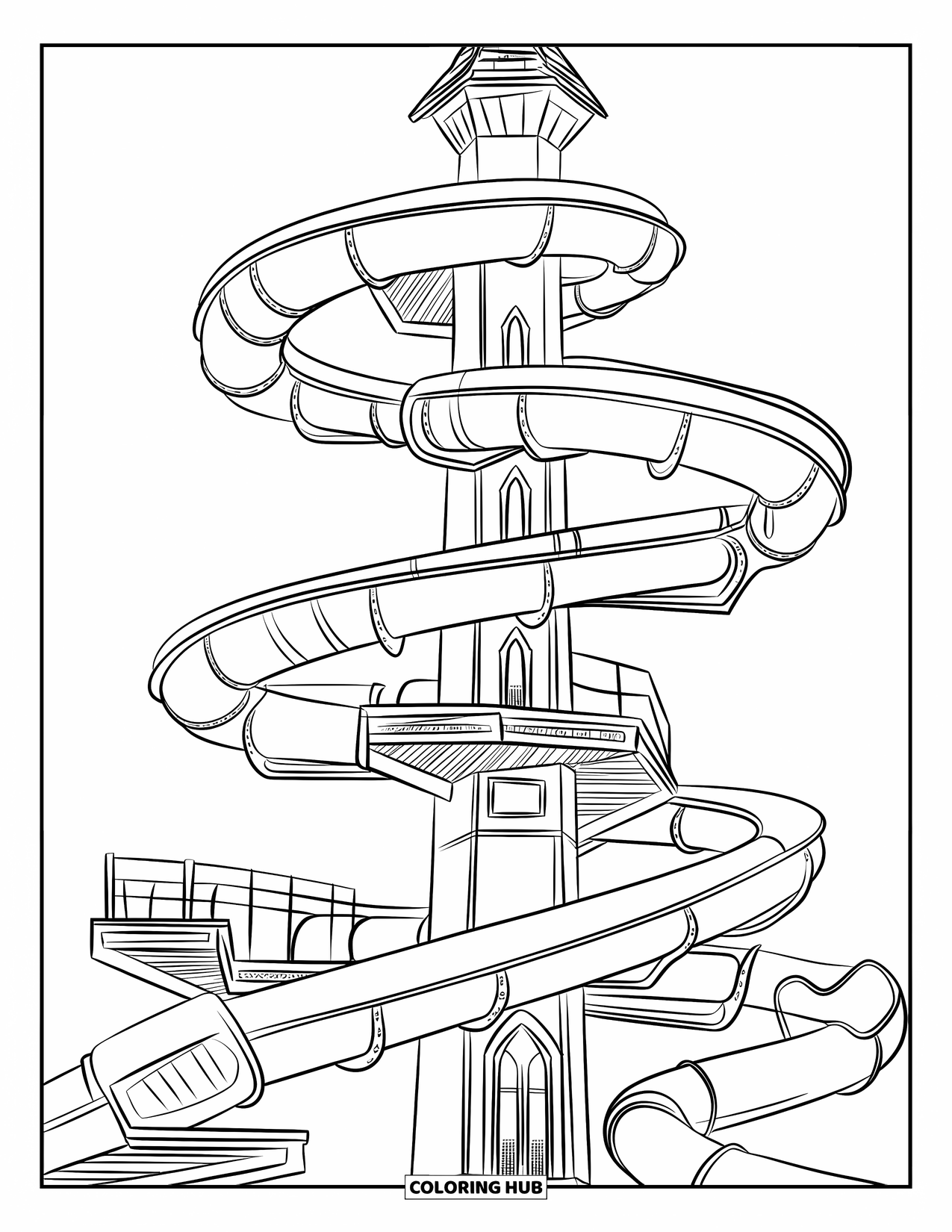 Playground Coloring Page for Kids: A tall tower with a twisting slide winds through open space with platforms