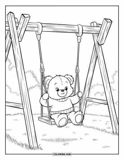 Coloriage d'aire de jeux pour enfants : Un ours en peluche en pull se balance tranquillement dans une structure en bois près d'arbres