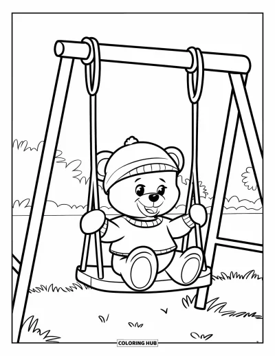 Coloriage d'aire de jeux pour enfants : Un ours en peluche se balance doucement dans une zone herbeuse avec des arbres à proximité