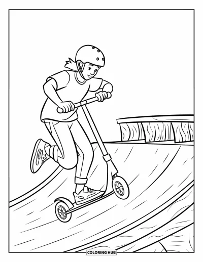 Coloriage d'aire de jeux pour enfants : Un adolescent casqué effectue un trick en trottinette sur une rampe en bois texturée