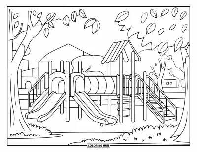 Coloriage d'aire de jeux pour enfants : Une vue large de l'aire de jeux montre des toboggans, des tunnels et des barres de singe près d'arbres et de bâtiments