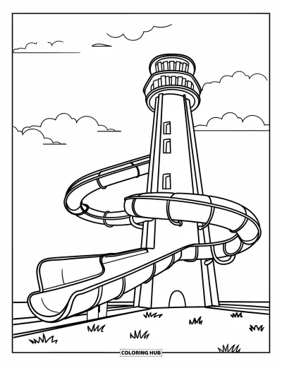 Coloriage d'aire de jeux pour enfants : Un toboggan en spirale s'enroule autour d'une tour avec des fenêtres sous un ciel nuageux