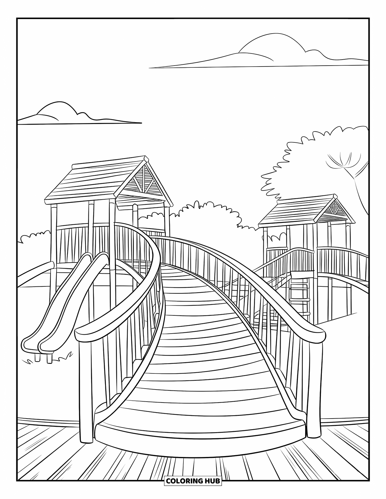 Playground Coloring Page for Kids: A wooden bridge links play areas with slides and ladders under a cloudy sky