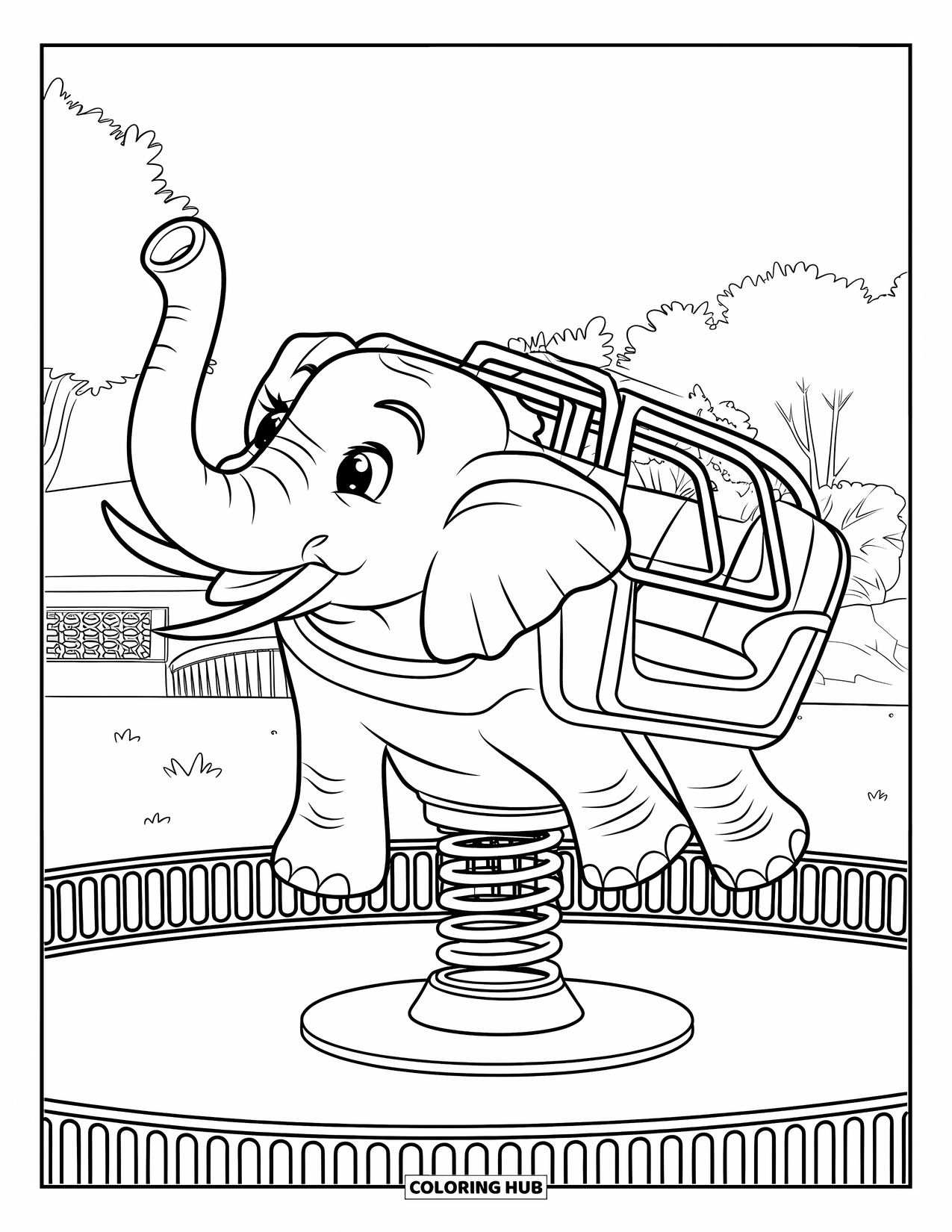 Playground Coloring Page for Kids: An elephant spring ride with raised trunk sits in a grassy park with trees behind it
