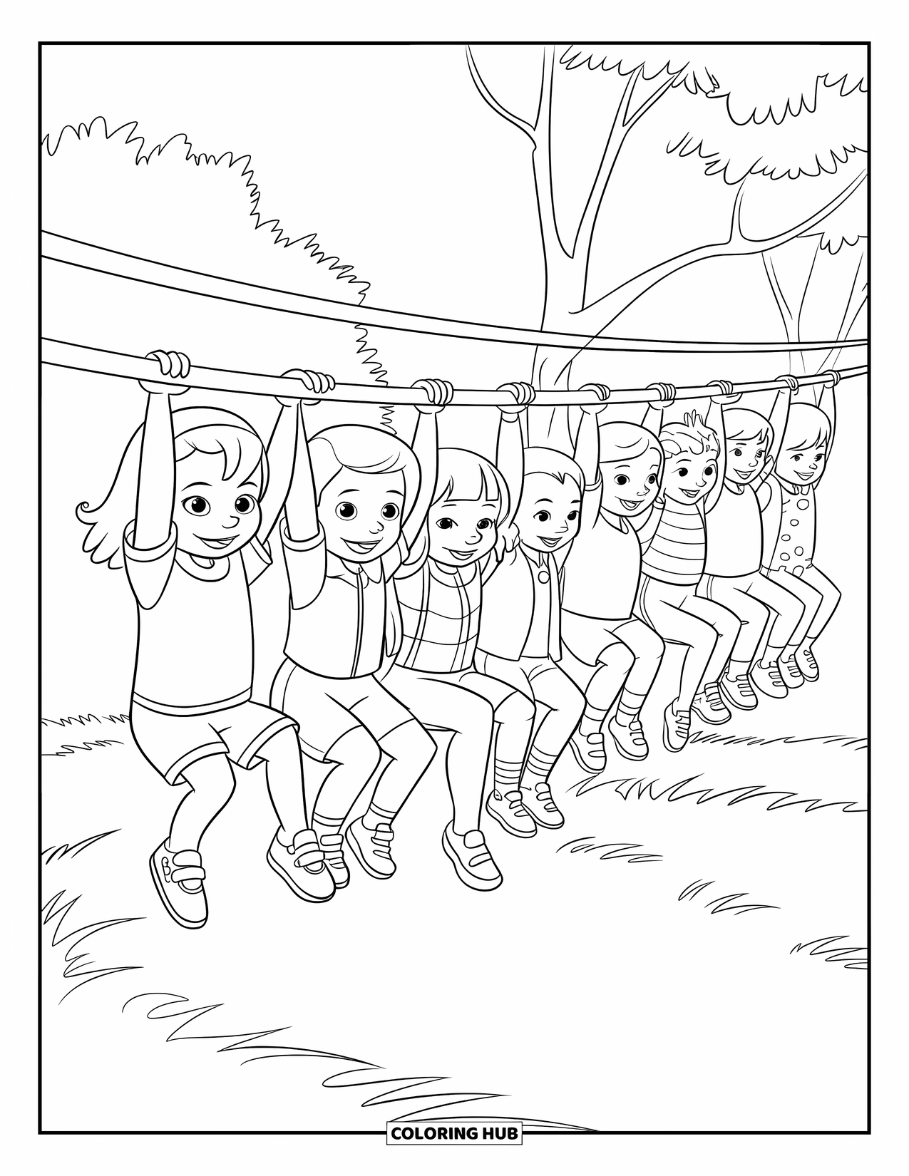 Playground Coloring Page for Kids: Children hang from monkey bars in a park, each wearing different outfits and expressions