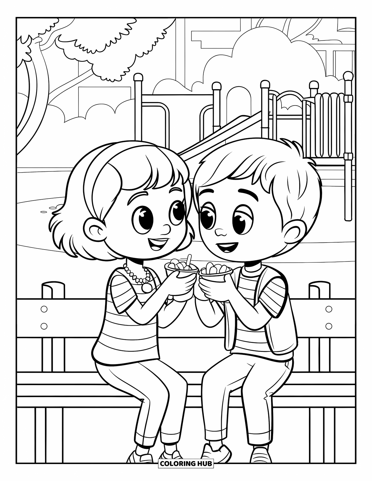 Playground Coloring Page for Kids: Friends sit on a bench near a playground, laughing and snacking under trees