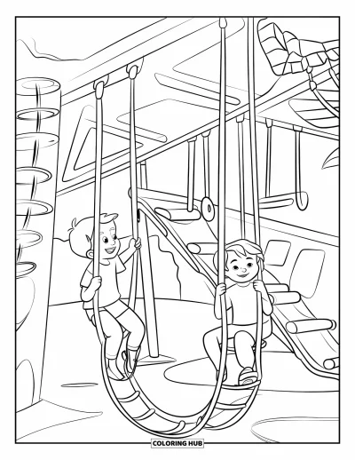 Coloriage d'aire de jeux pour enfants : Des enfants grimpent sur des cordes dans une structure de jeux avec des toboggans, des échelles et des balançoires