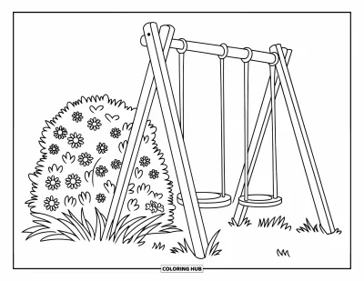 Coloriage d'aire de jeux pour enfants : Des balançoires à siège rond sont suspendues près d'un buisson fleuri dans un champ herbeux