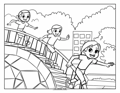 Coloriage d'aire de jeux pour enfants : Trois enfants grimpent sur une structure en dôme spiralé entourée d'arbres et d'un bâtiment à proximité