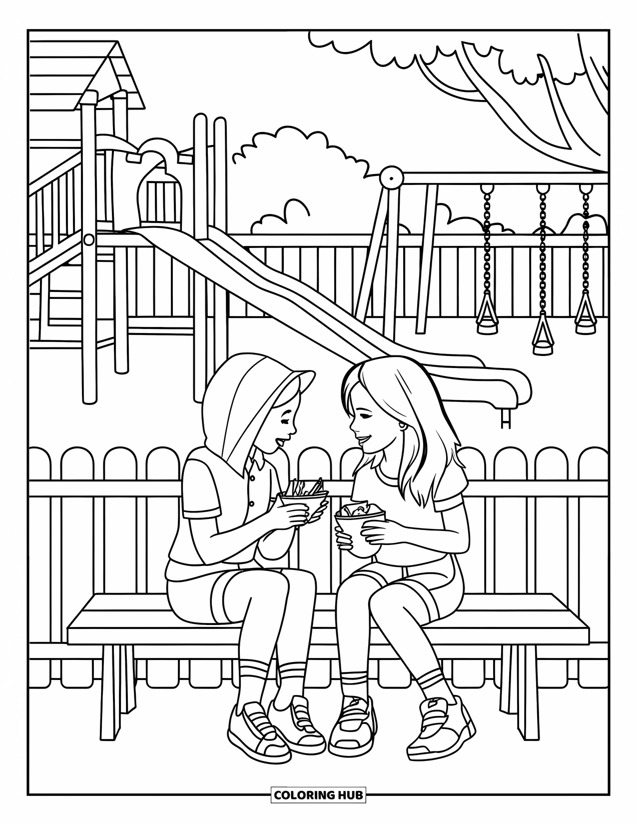 Playground Coloring Page for Kids: Two friends share snacks on a bench beside a fenced playground with swings and slides