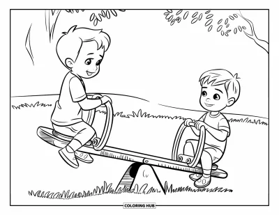 Coloriage d'aire de jeux pour enfants : Deux enfants sourient sur une balançoire à bascule dans un champ herbeux avec des arbres autour d'eux