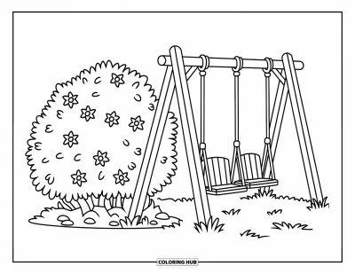 Coloriage d'aire de jeux pour enfants : Deux petites balançoires en bois se trouvent près d'un buisson fleuri avec des pierres sur un sol herbeux