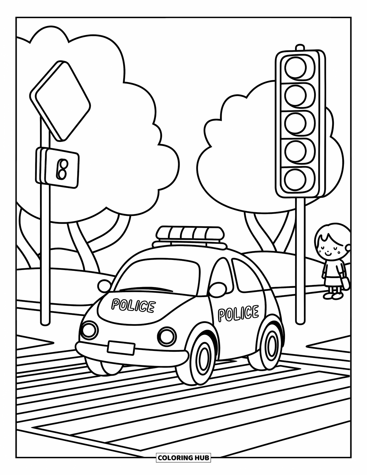 Police Car Coloring Page for Adults: A child and parent cross beside a police car in a charming doodle-style neighborhood corner