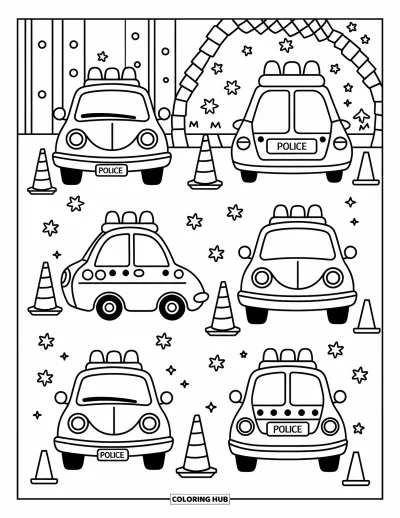 Målarbild med polisbil för vuxna: En mysig trio av polisbilsvyer med hjärtan och avspärrningar skapar en lekfull layout