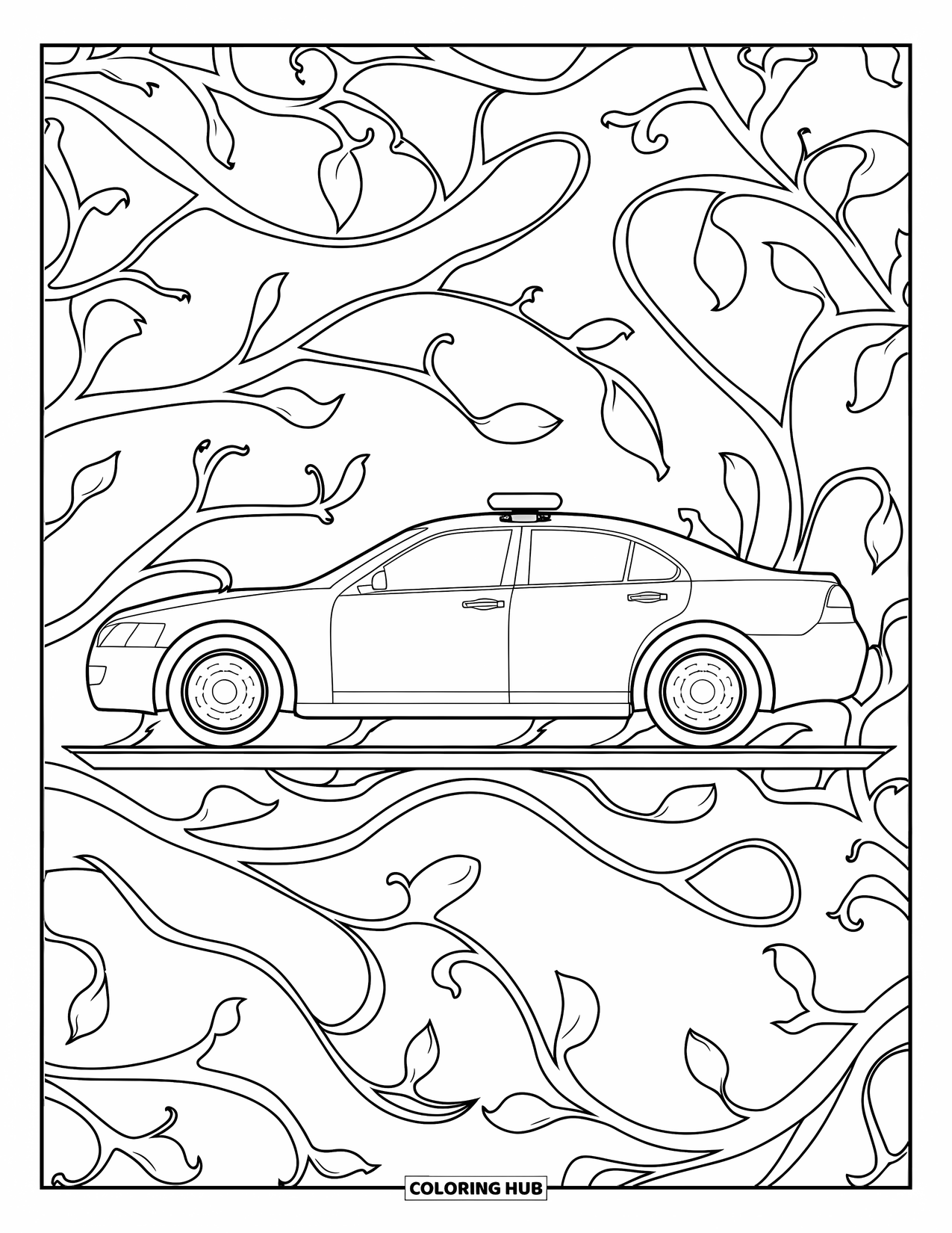 Police Car Coloring Page for Adults: A cruiser sits beside curling branches and petals in a side-view floral mandala scene