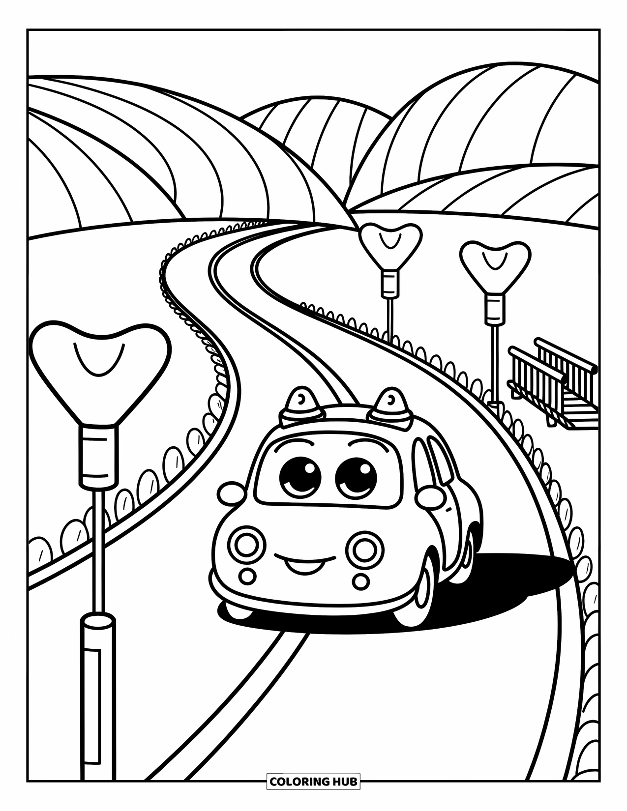 Police Car Coloring Page for Adults: A kawaii police car rolls through a curvy road past hills and clouds in soft doodle lines