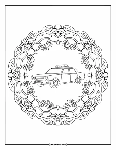 Målarbild med polisbil för vuxna: En polisbil är centrerad i en lövmandala omringad av rankor och blomspiraler