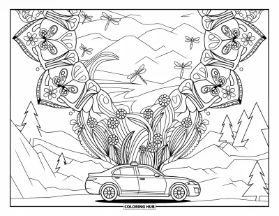 Målarbild med polisbil för vuxna: En polisbil vilar under en kaskaderande mandala fylld med blommor och trollsländor