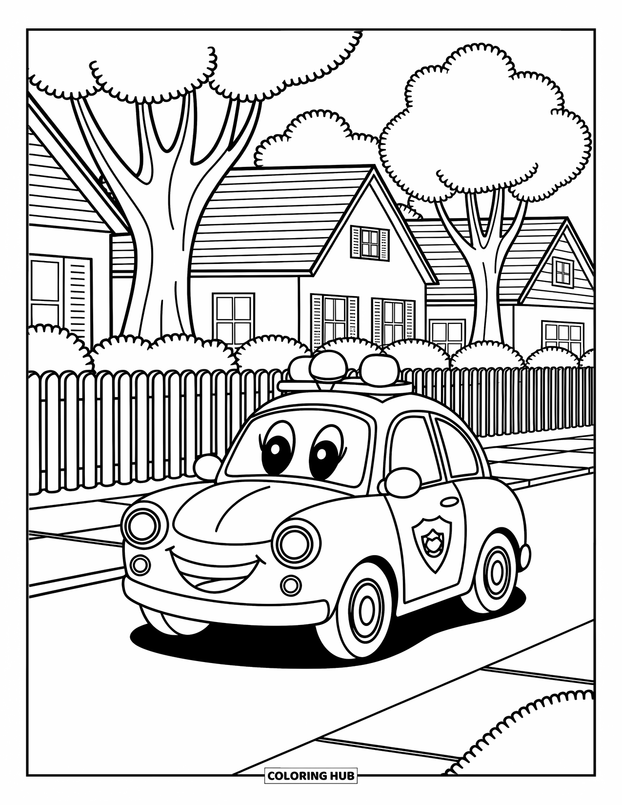 Police Car Coloring Page for Adults: A smiling police car passes homes and trees in a peaceful hygge-style neighborhood drive