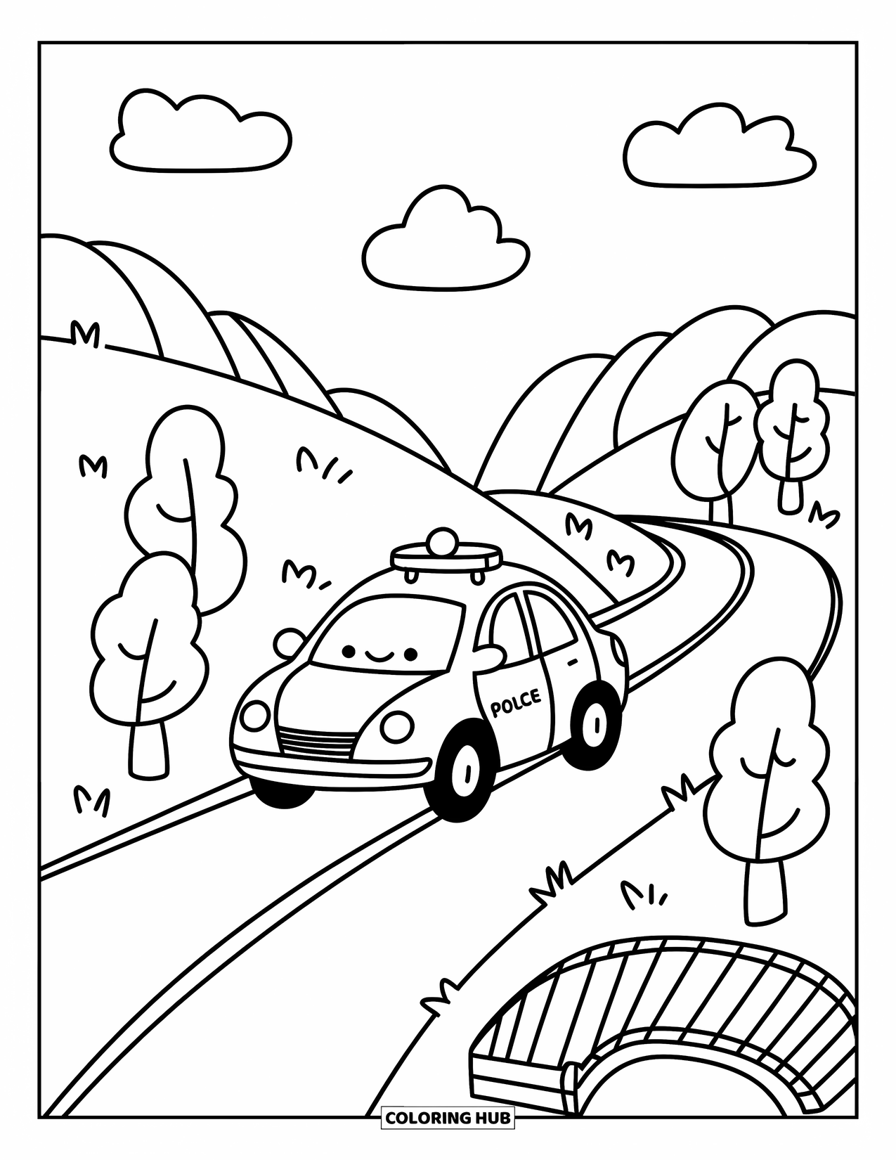 Police Car Coloring Page for Adults: A tiny police car patrols a hill road past a bridge in a sweet countryside scene