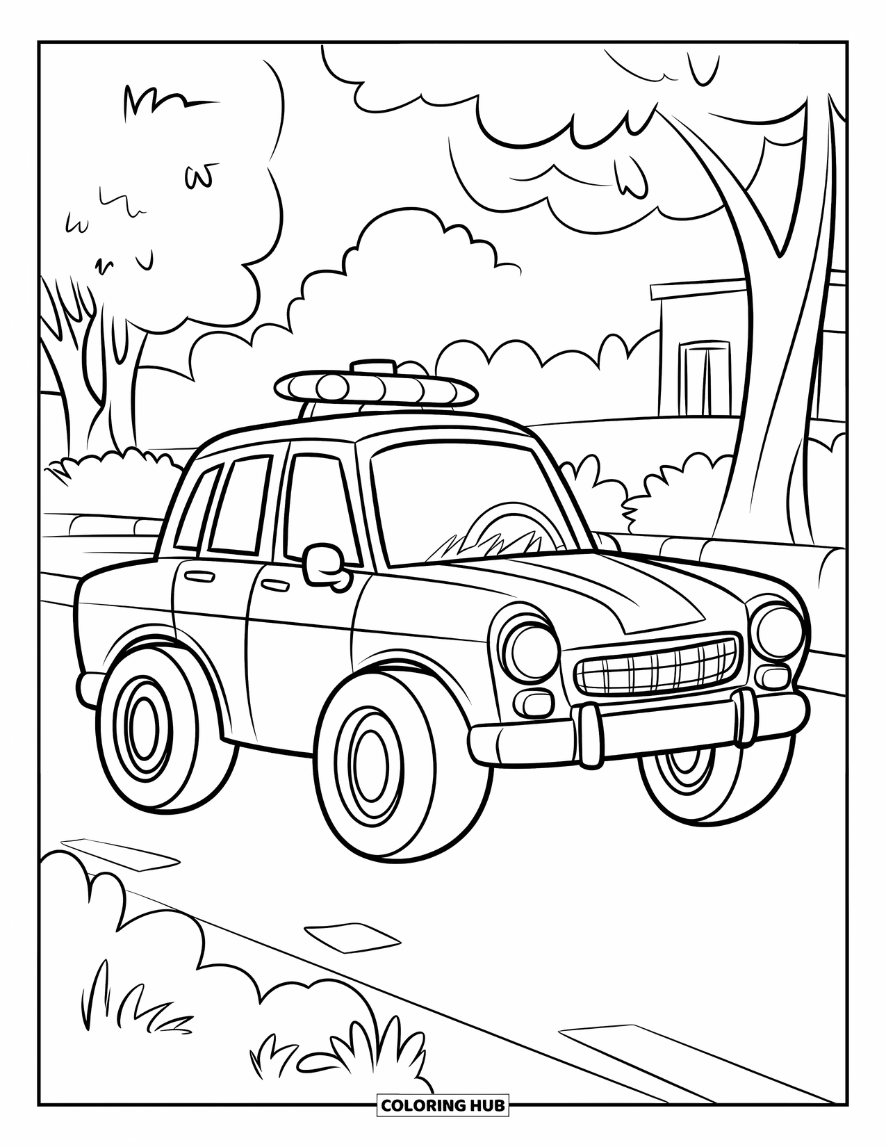Police Car Coloring Page for Kids: A cartoon police car with big wheels is parked on a road near trees and a building