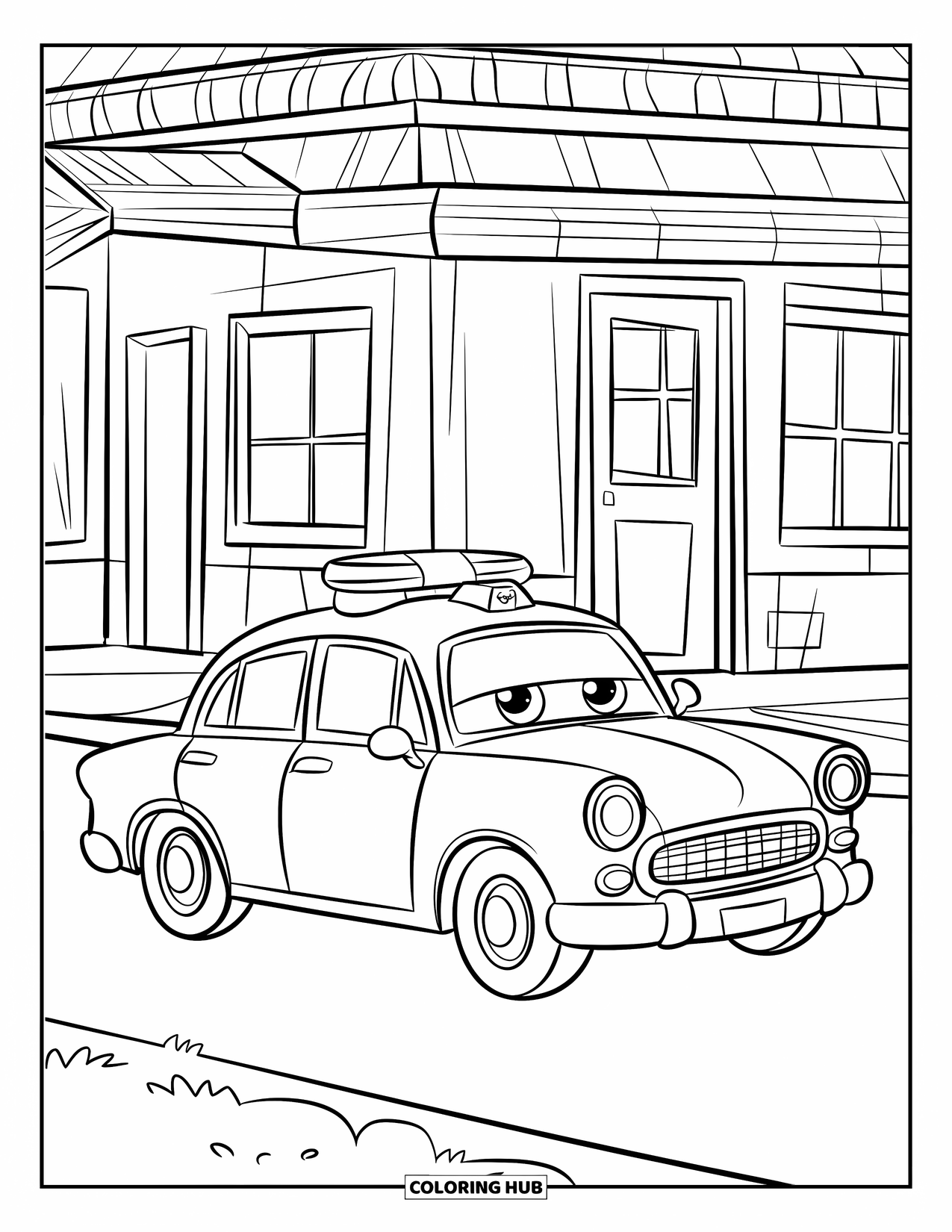 Police Car Coloring Page for Kids: A cheerful police car is parked in front of a tiny station on a quiet road