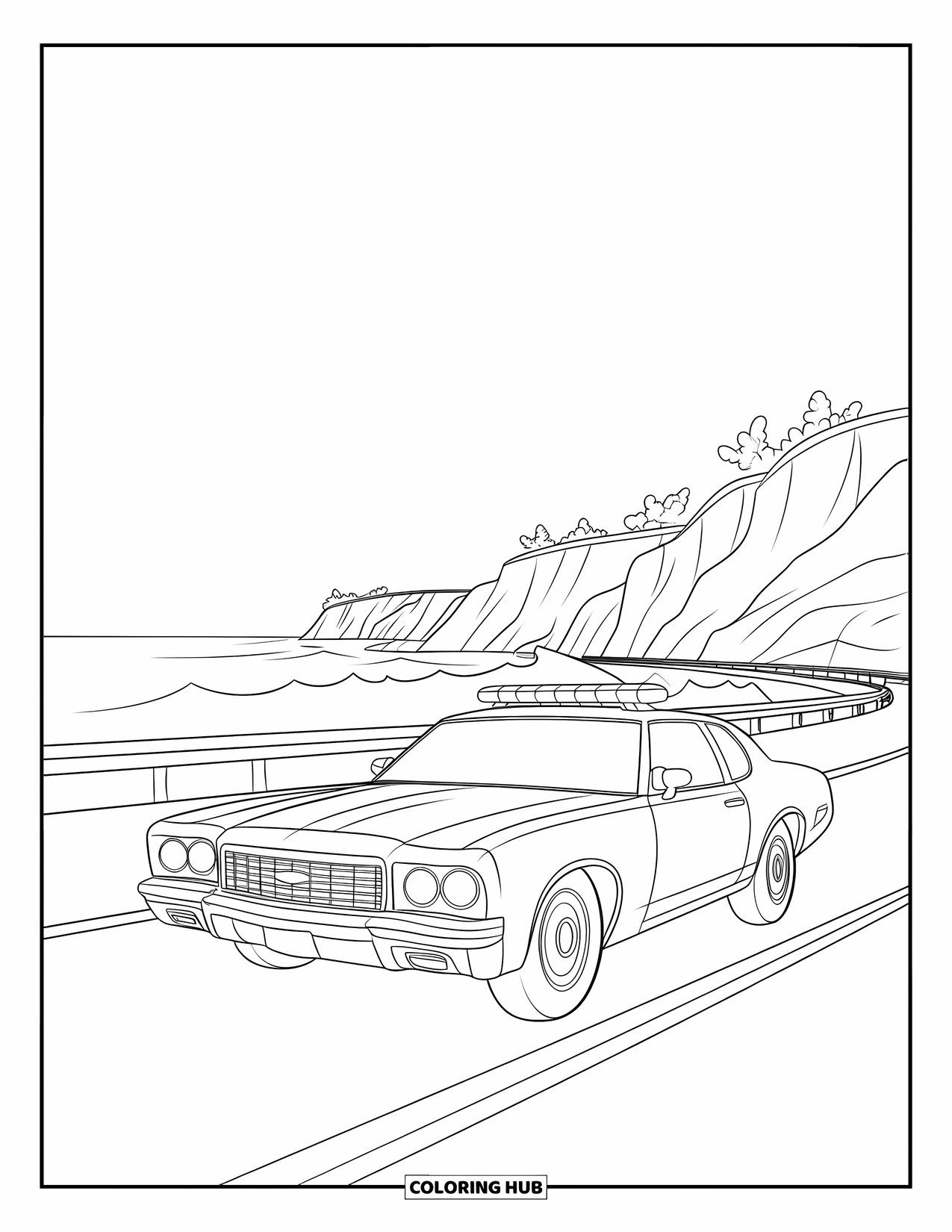 Police Car Coloring Page for Kids: A cliffside road curves as a police car zooms past crashing ocean waves