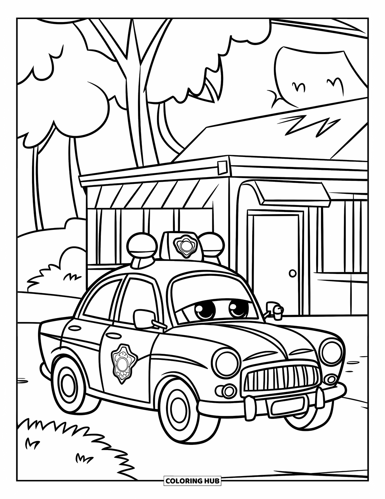 Police Car Coloring Page for Kids: A cute police car sits happily outside a station, surrounded by trees and buildings