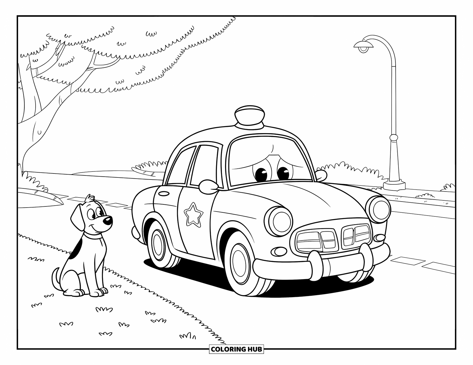 Police Car Coloring Page for Kids: A dog sits peacefully near a police car parked by a tree and a streetlight