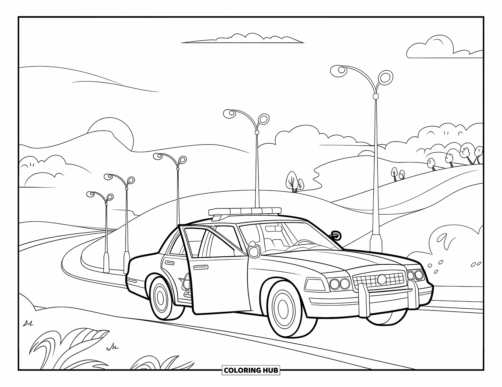 Police Car Coloring Page for Kids: A parked police car with an open door sits on a curvy hill road at sunset