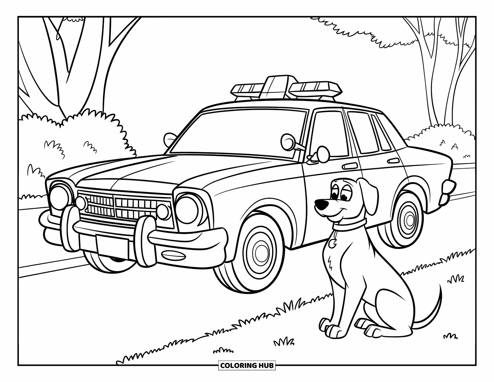 Police Car Coloring Page for Kids: A peaceful dog rests beside a police car under a cloudy sky and grassy space