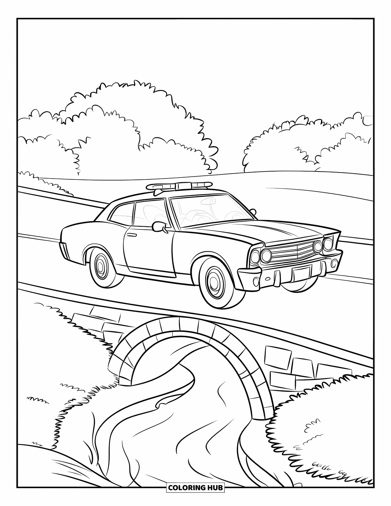Police Car Coloring Page for Kids: A police car crosses a cracked stone bridge over gentle waters with trees behind