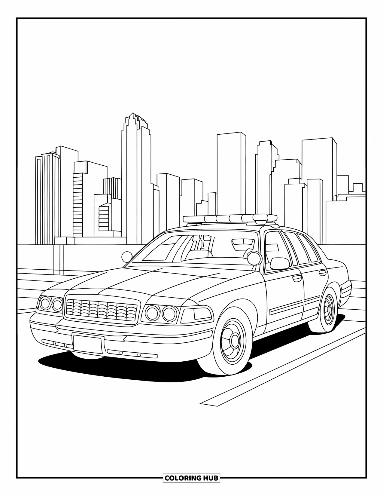 Police Car Coloring Page for Kids: A police car is parked in a city lot beside graffiti walls and urban trees