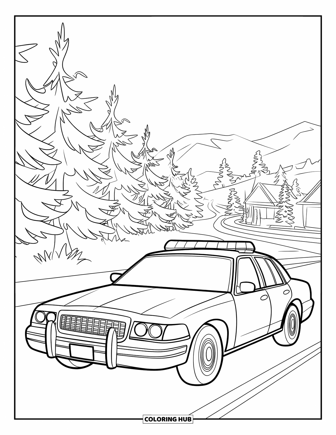 Police Car Coloring Page for Kids: A police car sits among tall pine trees near houses and distant hills