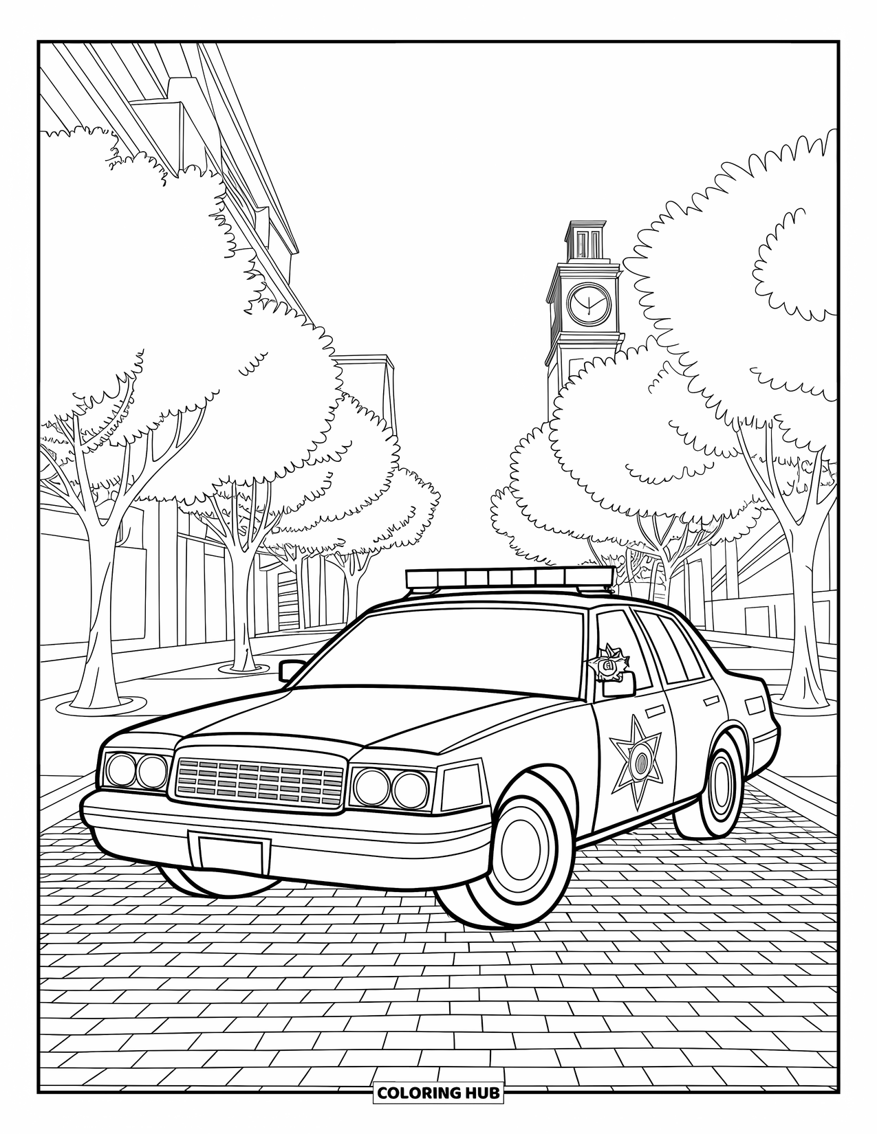 Police Car Coloring Page for Kids: A police car sits on cobblestones near a clock tower, framed by trees and sky