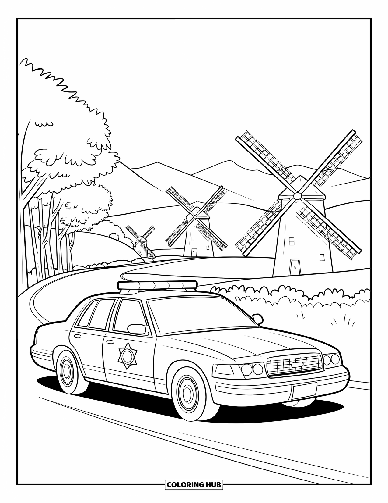 Police Car Coloring Page for Kids: A police car with flashing lights drives past trees and windmills in the countryside